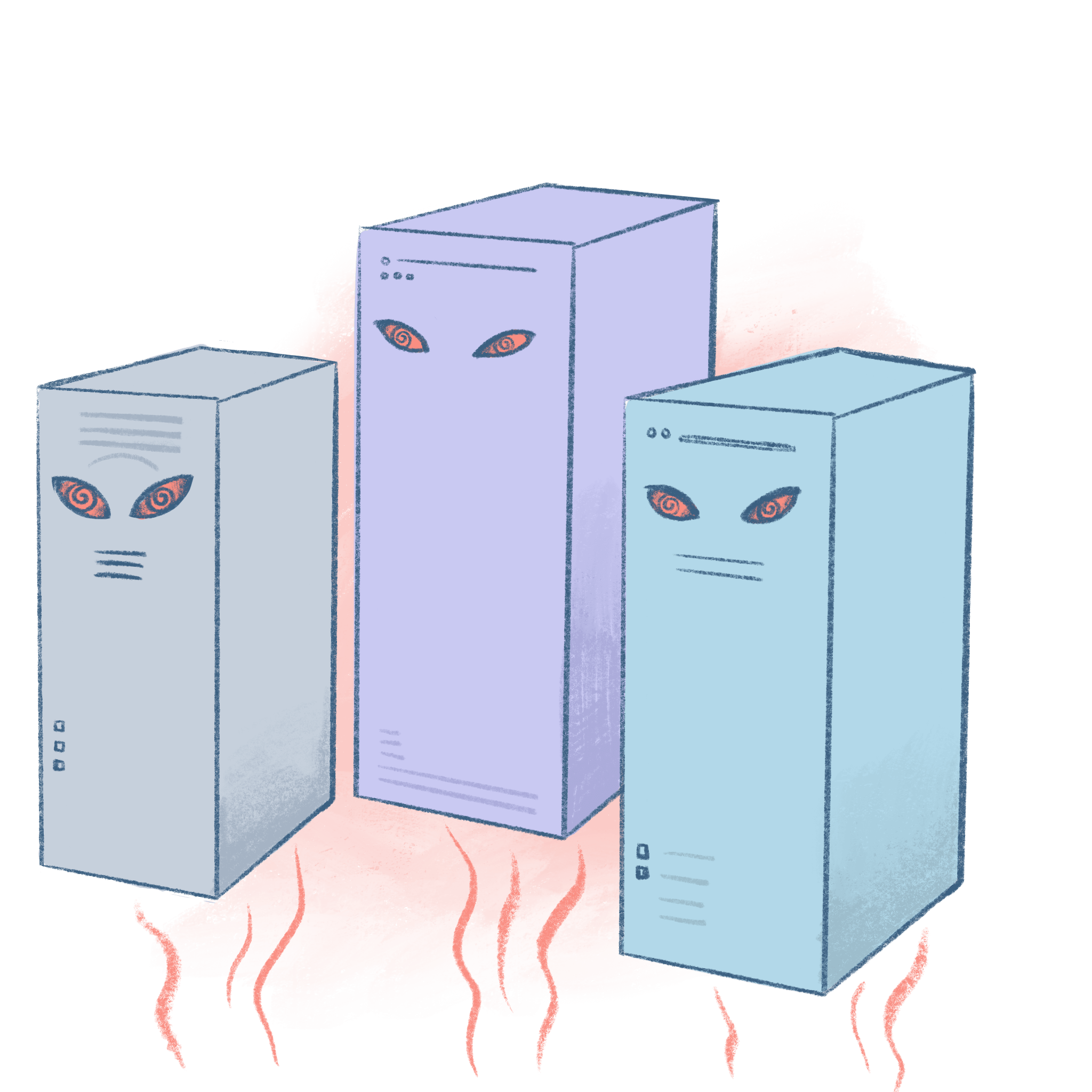 Illustration by Annie Ruygt of a group of hovering servers with eyes