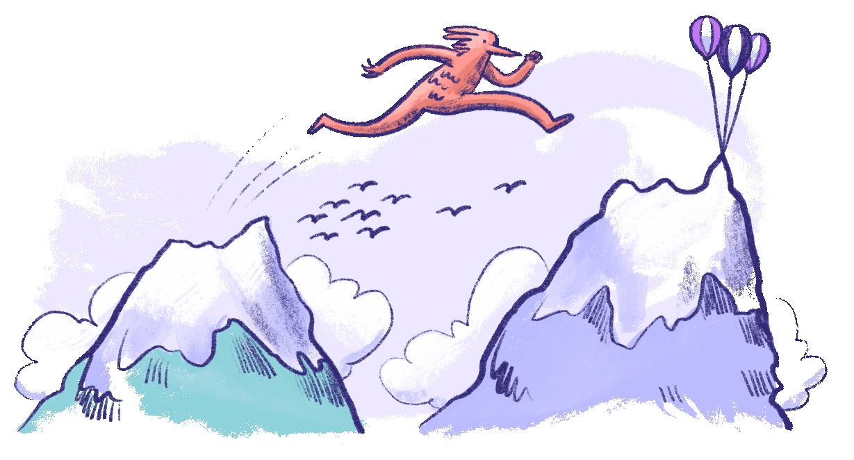 Illustration by Annie Ruygt of a figure jumping from one mountian to another
