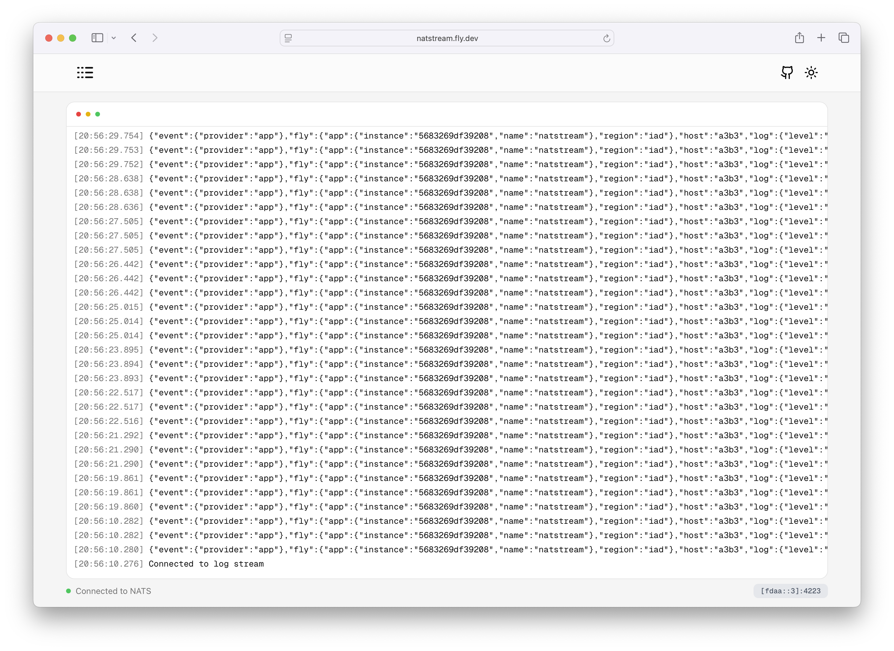 Screenshot of the NATstream open source app UI