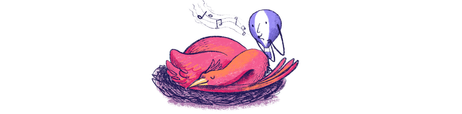 Illustration by Annie Ruygt of a Phoenix bird resting with Frankie the balloon looking on