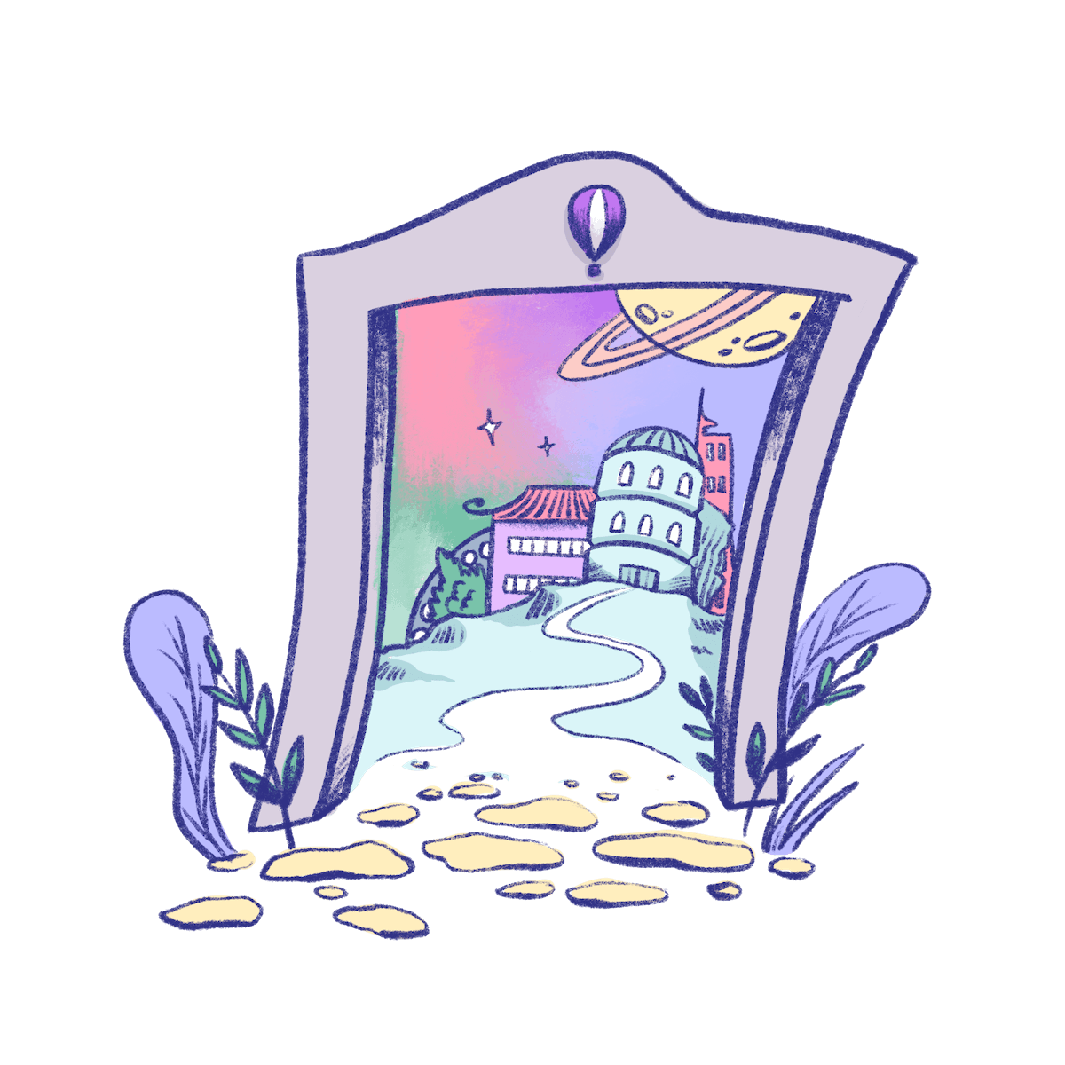 Illustration by Annie Ruygt of a gateway and buildings